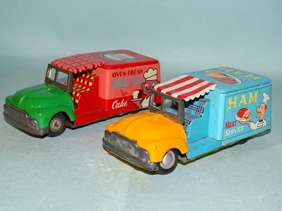 LOTE DE 2 CAMIONES DE REPARTO JUGUETES DE FRICCIÓN DE HOJALATA JAPÓN Foto 1 de 4