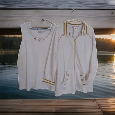 NWT QVC Quacker  Factory Womens Size 2X 2 PC White Gold Zip Cardigan Jacket Top  - Image 1 of 4