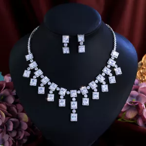 Orecchini collana tennis goccia pendente quadrata zirconi lucidi placcati argento set gioielli - Foto 1 di 7