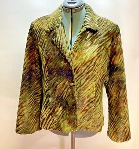 Vintage Artex Collection 80's Jacket: Dark Green Faux Fur/Brown Pleather Stripes - Picture 1 of 8