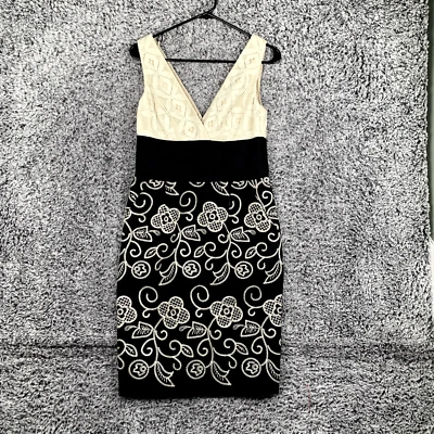 Vestido Kay Unger Mujer 6 Blanco Negro Bordado Floral Mezcla Lino Falta Cinturón Foto 1 de 4