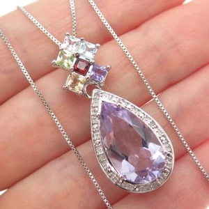 925 Sterling Silver Real Diamond & Multi-Color Gem Box Chain Necklace 18" - Picture 1 of 9