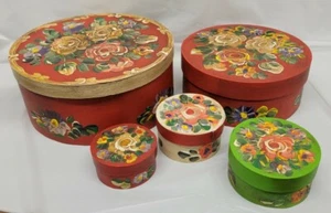 Folk Art Nesting Boxes Round Country Shaker Style Hand Painted Roses set of 5 - Picture 1 of 12