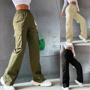 Ladies Cargo Combat Trousers Pockets Elastic Waist Sports Wide-Leg Joggers Pants - Picture 1 of 8