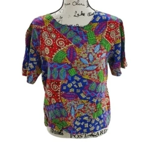 Vintage Blouse Colorful Abstract 90s Retro Short Sleeve Womens No Size Tag - Picture 1 of 5