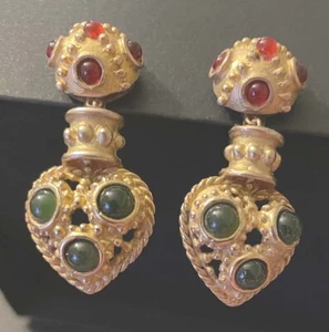 Vintage DEANNA HAMRO Dangle Heart Real Gemstones Cabochon Clip on Earrings 2.25" - Picture 1 of 7