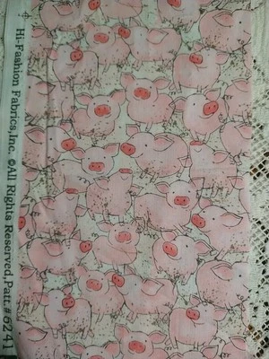 REMNANTS Pink Pigs Cotton Fabric Hi-Fashion Fabrics Piglets Farm Animals - Image 1 of 4