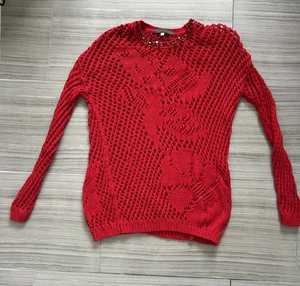 Women’s Red Open Knit Sweater with Beaded Collar – Size 38 M - Picture 1 of 8
