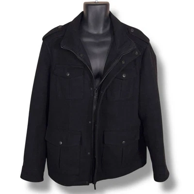 Large Dockers Black Wool Cargo Coat Pockets Mens Lined Zip Closure Classic Goth - Image 1 of 4