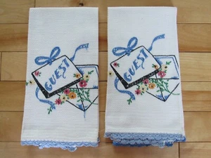 2 Vintage Hand Embroidered Needlepoint & Crochet Tea Kitchen Towels "GUEST" - Picture 1 of 6