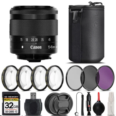 Canon EF-M 15-45mm f/3.5-6.3 IS STM Lens (Graphite)+4PC Macro Kit+3 Filter-32GB - Image 1 of 4