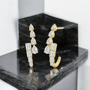 Certified 18K Yellow Gold Earring 3.50 Ct Lab Created Emerald Pear Cut Diamond - Picture 1 of 10