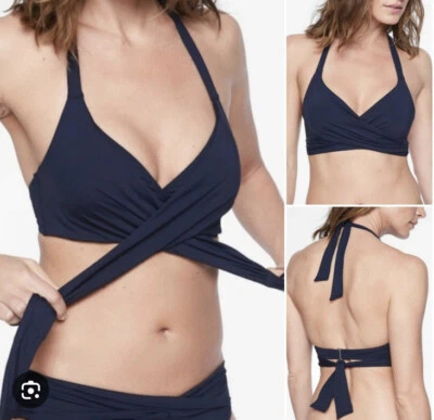 Athleta Bra Cup Wrap Halter Bikini Top 32 B/C  & Bottom Small Navy Blue Swim * - Image 1 of 4
