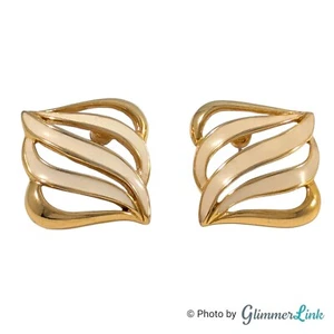 Vintage Monet Cream Enamel Openwork Swirl Wave Gold Tone Pierced Earrings - Picture 1 of 8