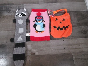 Pink Penguin Christmas Dog Sweater / Pumpkin Shirt size XS & Racoon Squeaky Toy - Picture 1 of 10