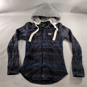Superdry Blue Gary Plaid Flannel Hoodie Long Sleeve Shirt Jacket Womens Size M - Picture 1 of 12