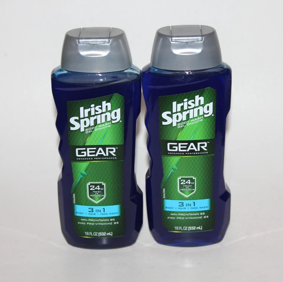 LOT (2) IRISH SPRING GEAR BODY WASH 3 IN 1 BODYWASH HAIR FACE WASH 18 FL OZ HTF - Image 1 of 1