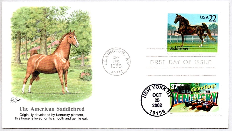 #2155 SADDLEBRED HORSE #3712 GREETINGS FROM KENTUCKY NAKANO PERFINS FDC - Image 1 of 1