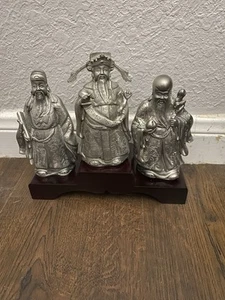 Vintage Chinese Fu,Lu and Shou Cast Metal Figurine Set W/wooden base 4.5” - Picture 1 of 12
