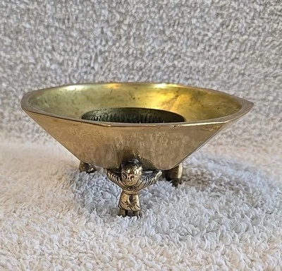 Vintage Chinese Brass Octagon Bowl With Brass Floral Frog Insert Figural Feet - Image 1 of 4
