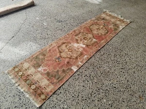 2.6x9.1 ft Vintage Turkish Oushak Runner Rug Pink Beige Wool Hand Knotted - Picture 1 of 22
