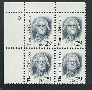 Scott  #2185... 29 Cent...Jefferson...Plate Block - Picture 1 of 1