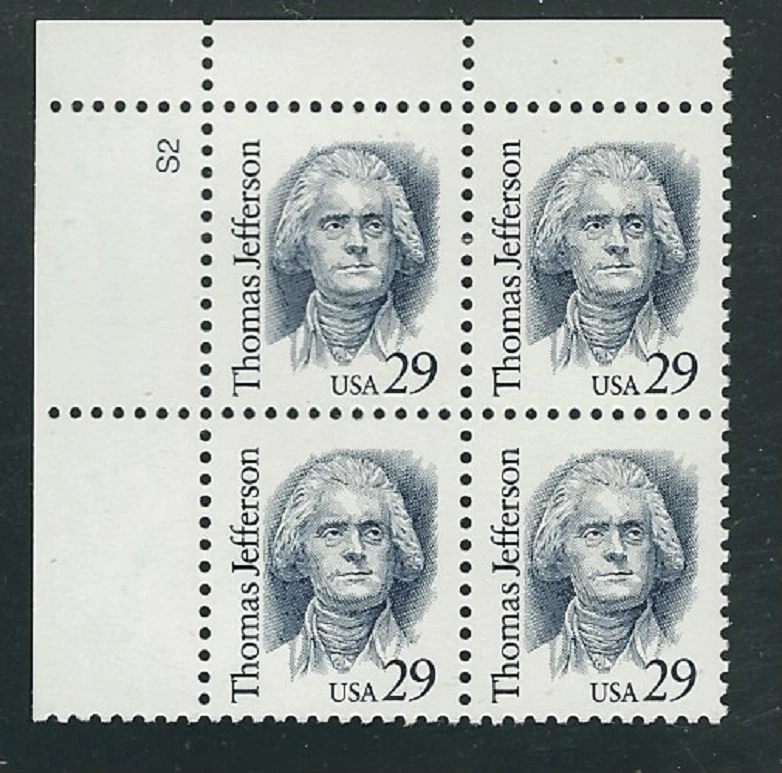 Scott  #2185... 29 Cent...Jefferson...Plate Block - Image 1 of 1