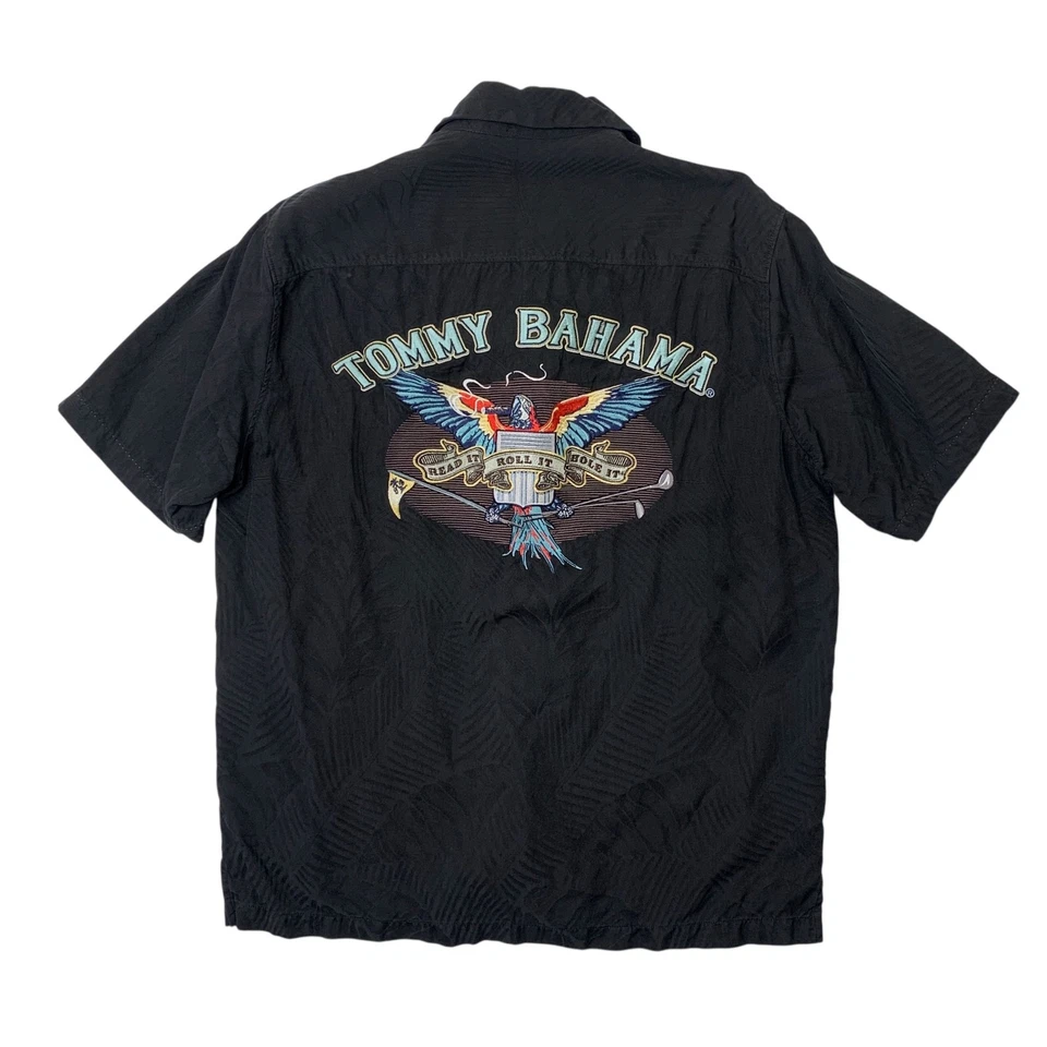 Camisa Tommy Bahama Para Hombre M Mediana Negra Seda Bordada Léelo Enrollar Aguíralo Foto 1 de 4