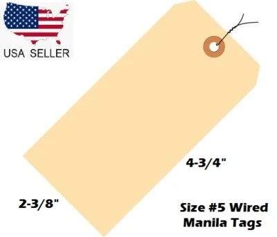 100 Pack Size 5 Manila Inventory Shipping Hang Tags with Wire 4 3/4" x 2 3/8" - Image 1 of 4