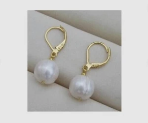 11-10mm AAA+ Natural baroque South Sea White Pearl Dangle Earrings 14k Gold - Picture 1 of 4