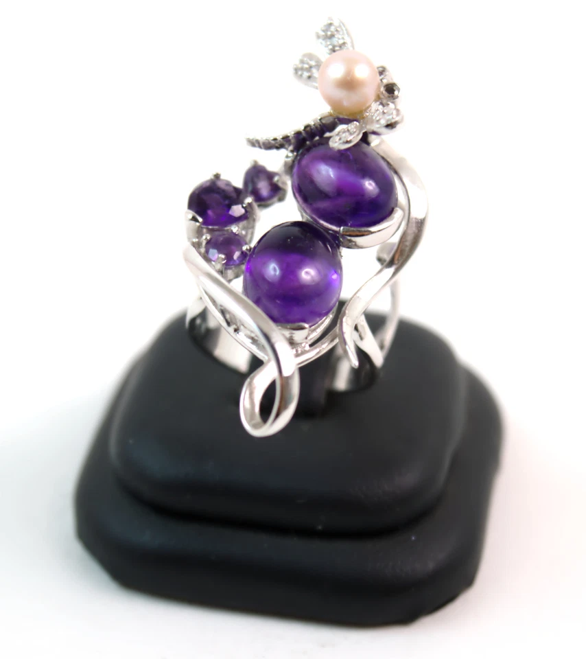 Anello in ametista naturale e libellula con perla coltivata in argento - Immagine 1 di 1