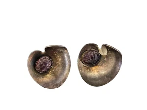Kate Hines Vintage Silver Tone Pierced Earrings w/ Stone Scarab - Picture 1 of 6