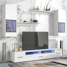 Minimalist Style 7 Pieces Extended Floating TV Stand Set, High Gloss Wall Mounte