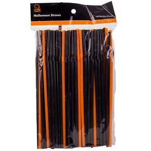 Halloween Party Flexible Bendy Disposable Plastic Straws, Orange Black, 100 Pack - Picture 1 of 4