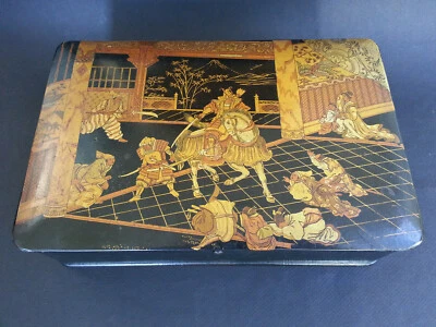 Sublime COFFRET XIXe GRANDE BOITE PAPIER MACHE LAQUE décor ASIATIQUE SAMOURAIS - Photo 1/4