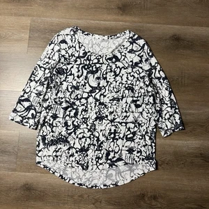 PERUVIAN CONNECTION White Black Pattern Half Long Sleeve Tee Top Womens Large - Picture 1 of 7