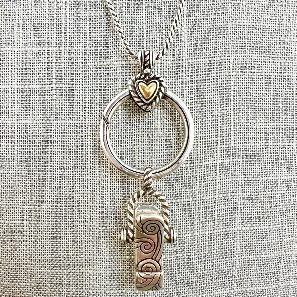 Brighton Heart Charm Necklace Silver Tone Reversible Badge Clip Signed 31-33” - Image 1 of 4