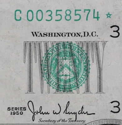 $20 1950 Star AU+ Federal Reserve Note C00358574* twenty $ plain series Phila. - Image 1 of 3