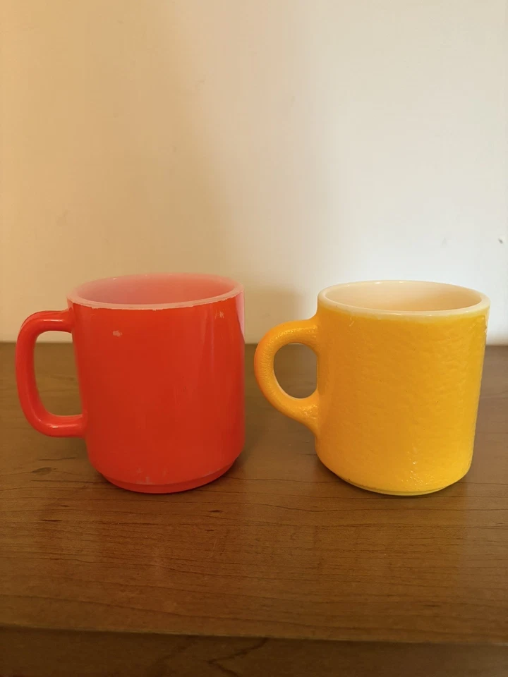 Pair Of Vintage Milkglass Mugs Orange (Glassbake) & Yellow Textured  (unmarked) - Image 1 of 4