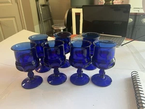 VTG Barware: (7) Indiana Glass Cobalt Blue Kings Crown Thumbprint Goblets - Picture 1 of 7