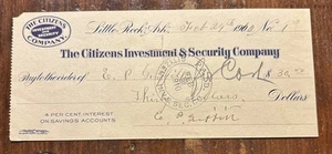 Cheque cancelado Citizens Investment & Security Co Little Rock con fecha 24/02/1910 - Imagen 1 de 2