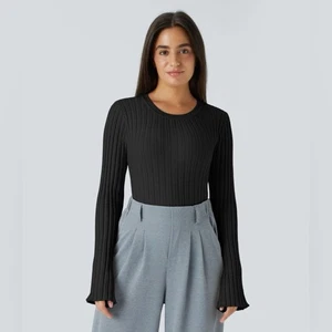 Maglione maglia casual Halara XL nero a costine girocollo manica lunga arricciata NUOVO - Foto 1 di 9