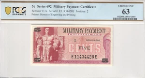 5 Cents Military Payment Certificate Series 692 Schwan 931a E11434428E PCGS 63 - Picture 1 of 4