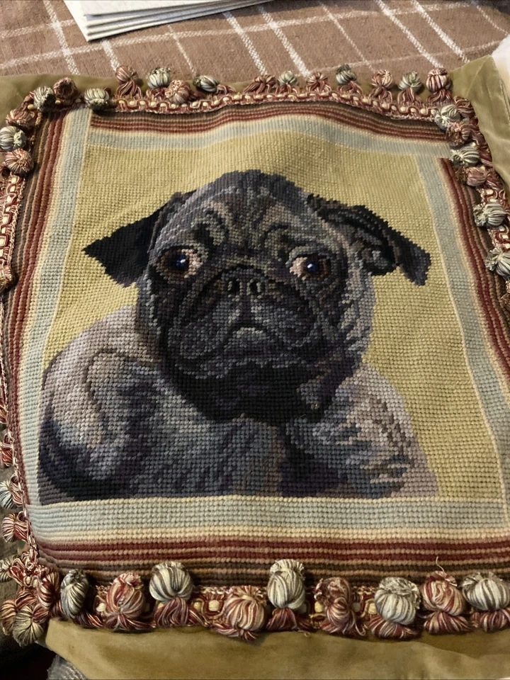 16x16 Handmade Black Pug Dog Wool Needlepoint Throw Pillow Cushion Cover Only - Image 1 of 1
