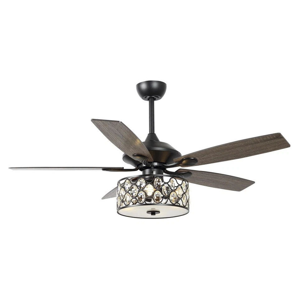 52" Matte Black Crystal Ceiling Fan Clear Glass Bowl Drum Light Remote Control - Image 1 of 4