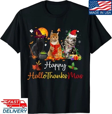 Happy Hallothanksmas Cats Lover Halloween Merry Christmas T-Shirt,Kid Adult Tees - Image 1 of 4