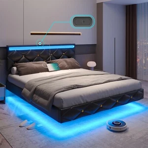 Queen Size Upholstered Platform Bed Frame with LED Headboard - Black - Picture 1 of 1