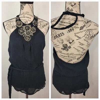 Bebe Halter Top Womens Small 100% Silk Embellished Peplum Babydoll Whimsygoth  - Image 1 of 4