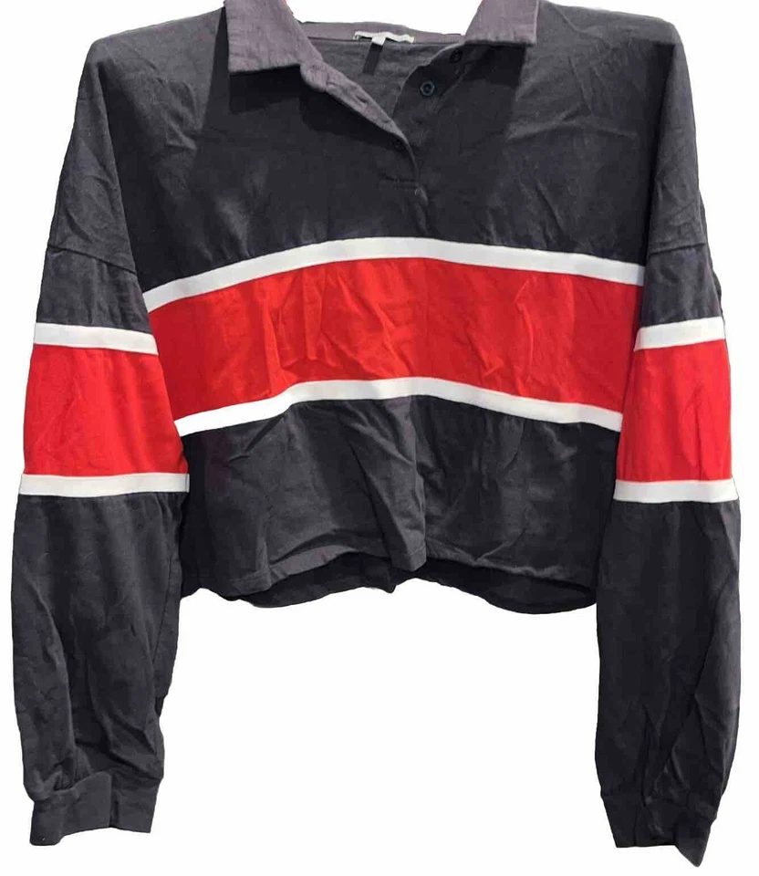 XL Charlotte Russe Rugby Shirt Blue Red White Stripes  Crop Top Long Sleeve Polo — 第 1/4 张图片