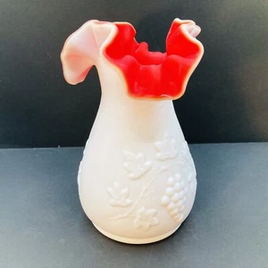 VTG Kanawha White & Red Cased Glass 6.5” Grape Vine Ruffled Edge Vase Satin - Picture 1 of 5